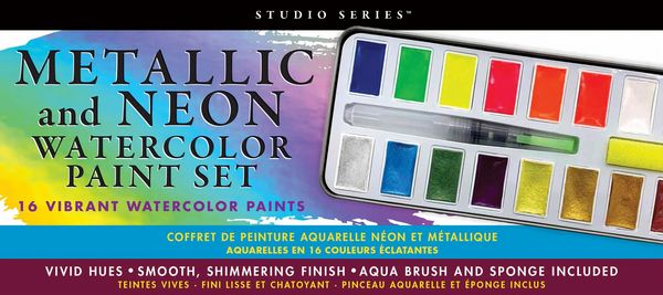 Peter Pauper Studio Series Metallic & Neon Watercolor Paint Set (Set of 18 Colors)